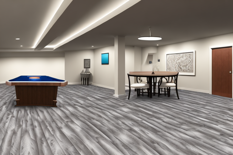 A well-lit basement with different types of laminate flooring samples spread out
