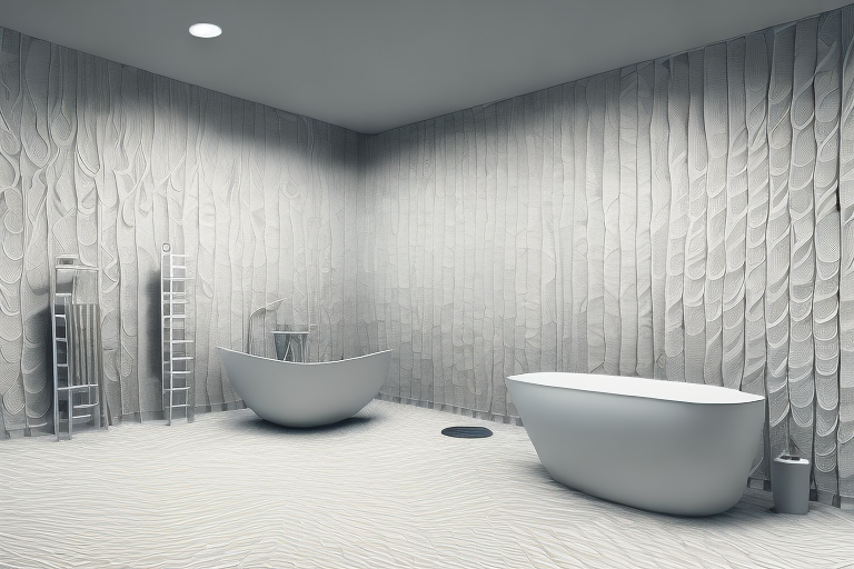 A bathroom interior showcasing various types of laminate textures and patterns on the floor and walls
