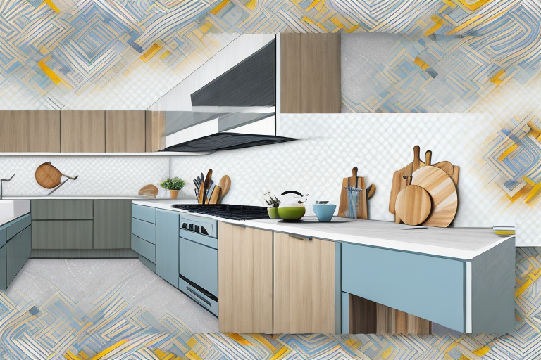 A modern kitchen with various types of laminate samples spread out on the countertop