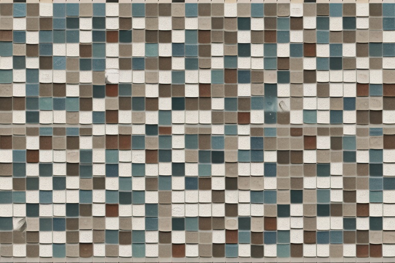 A variety of tile samples spread out on a basement floor