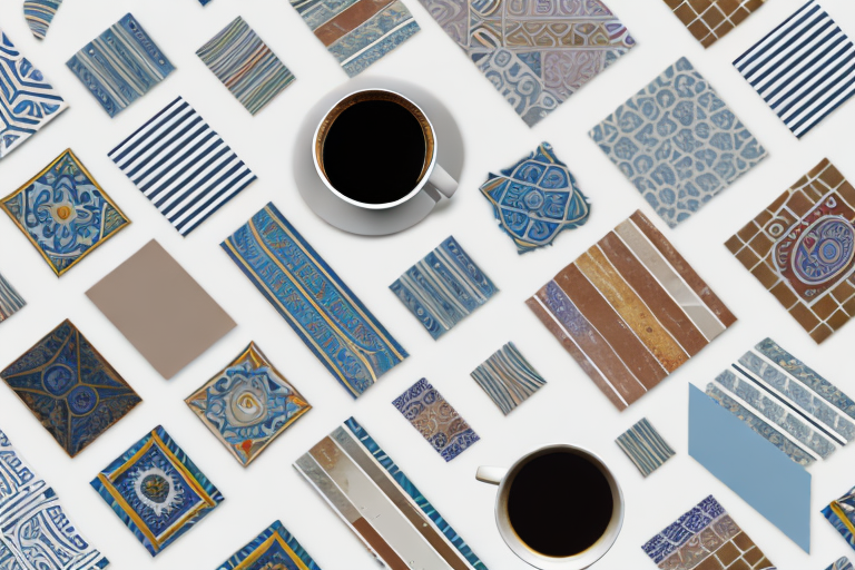 A variety of tile samples spread out on a modern office desk