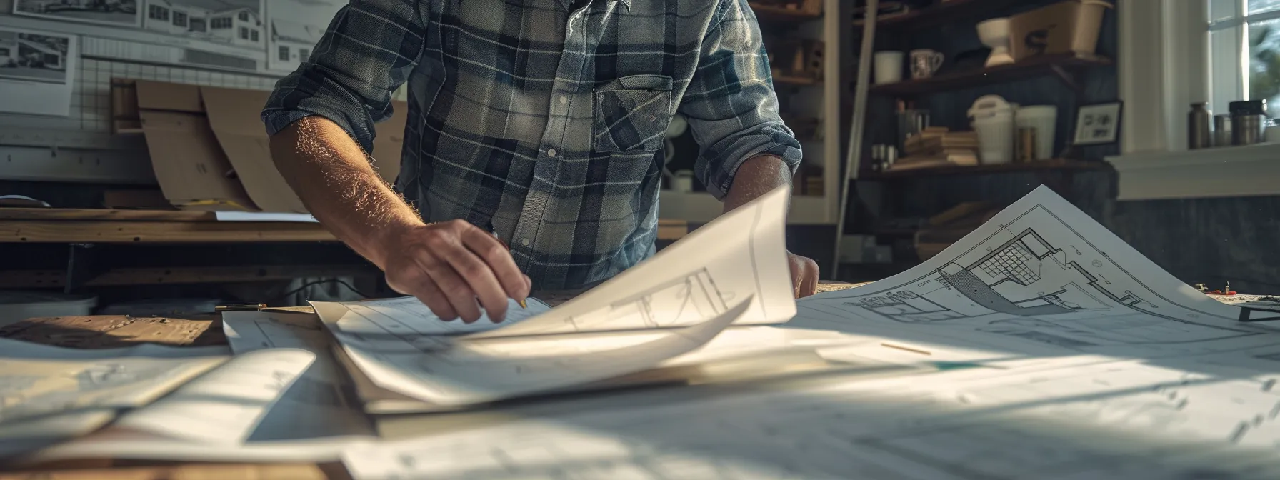 a photo of a custom home builder reviewing a portfolio of licenses and certifications, surrounded by blueprints and sketches of various home designs.