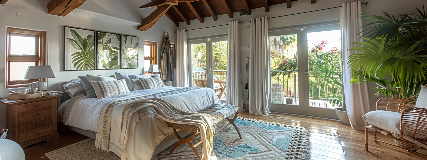 a spacious and elegantly furnished guest suite in a converted garage, with natural light streaming in through the elevated ceiling.