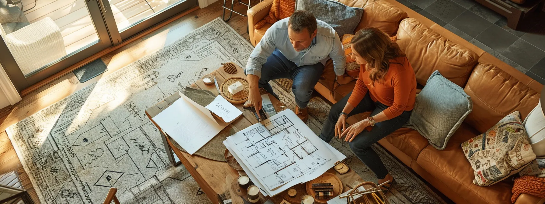 a couple discussing their dream home features and budget with a custom home builder in a cozy living room filled with architectural blueprints and design magazines.