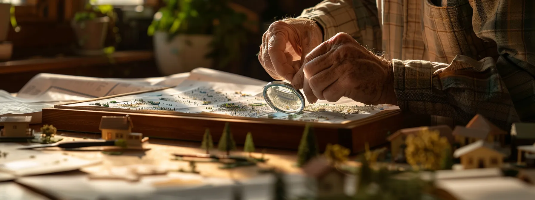 a homeowner carefully comparing detailed quotes and contract terms with a magnifying glass and a scale model of a custom home on a wooden table.