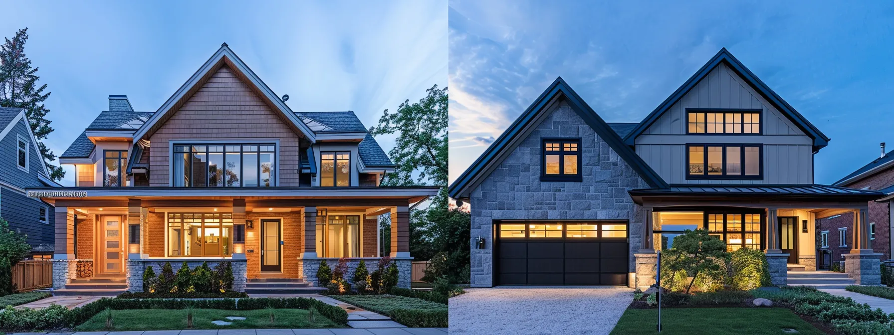 two homes with different styles and designs side by side, illustrating the choice between an attached or detached home addition.