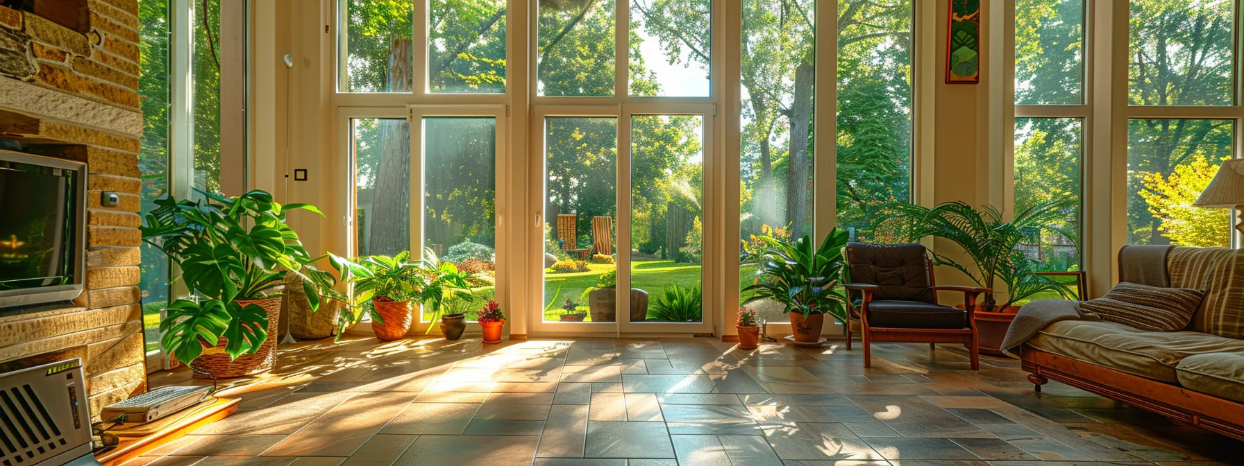 a sunroom with large windows overlooking a beautiful garden, bathed in natural light.