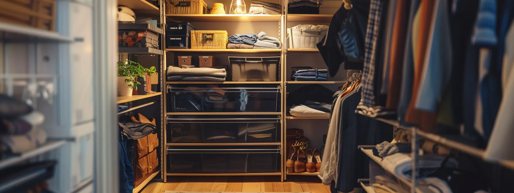 a neatly organized closet with shelves and bins, showcasing a clutter-free home.