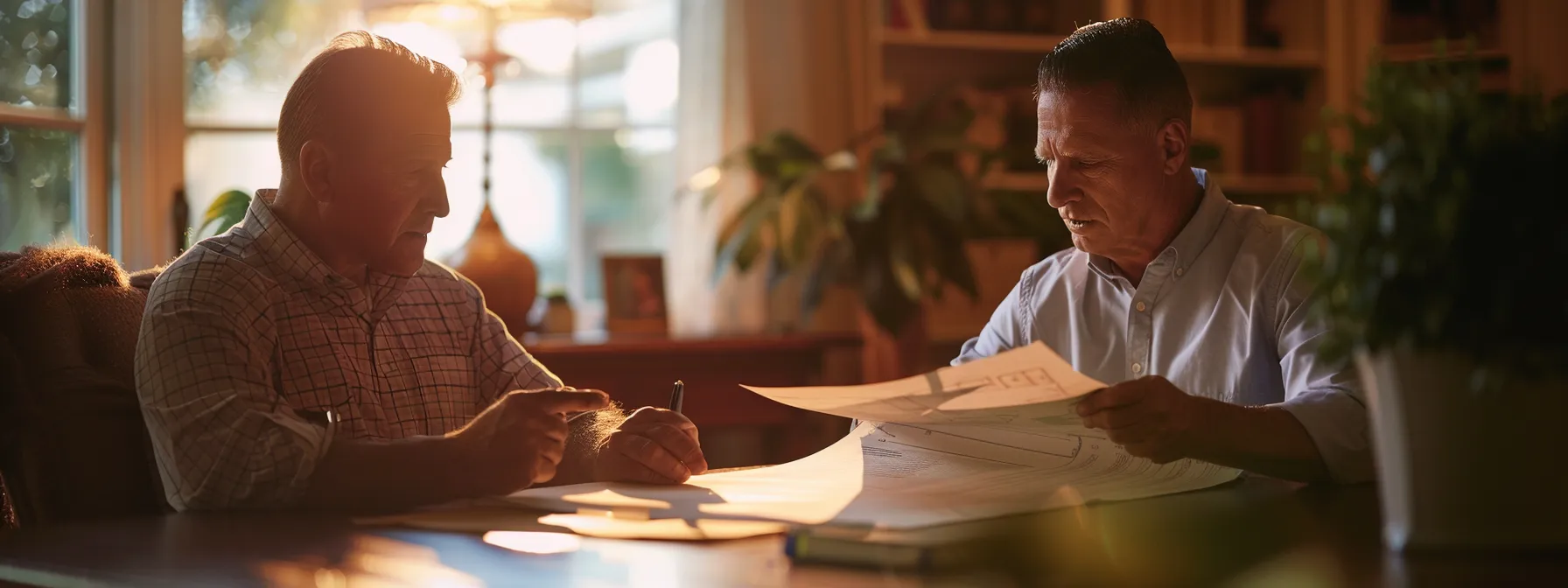 a homeowner sitting at a table with detailed blueprints and a list of questions, interviewing a focused and attentive home builder.