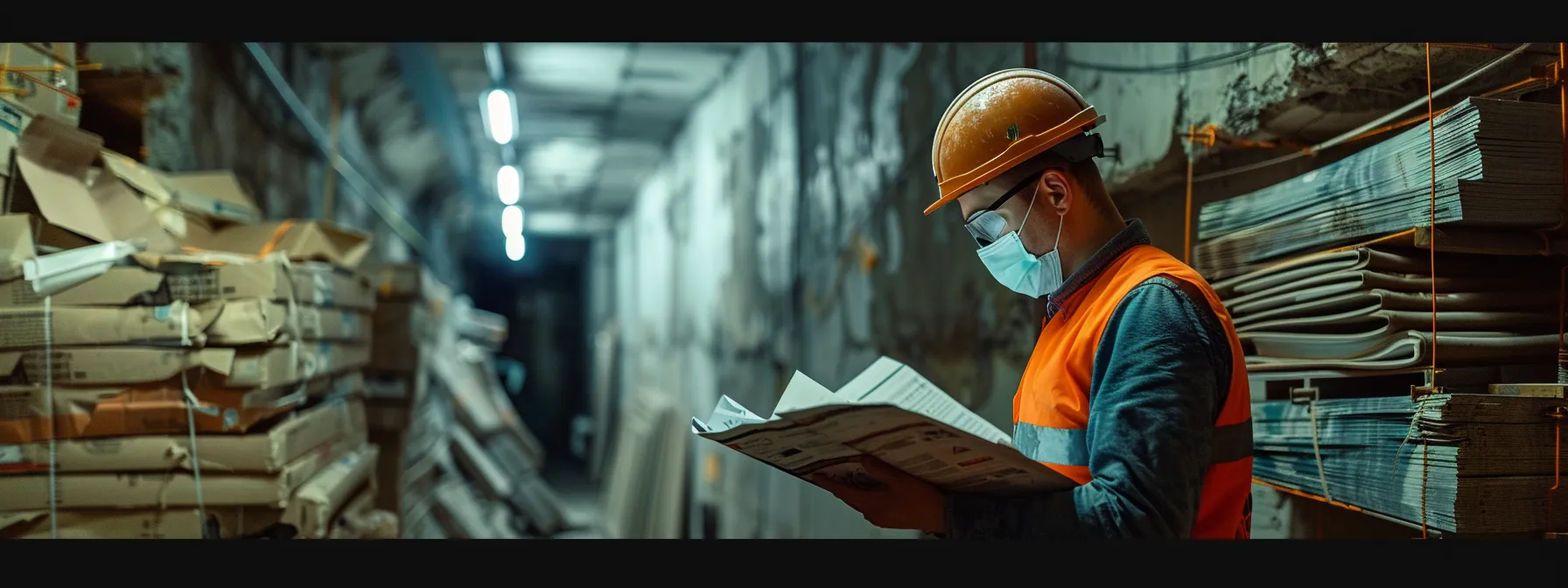 a worker reading through a thick stack of building codes and legal documents in a basement renovation site.