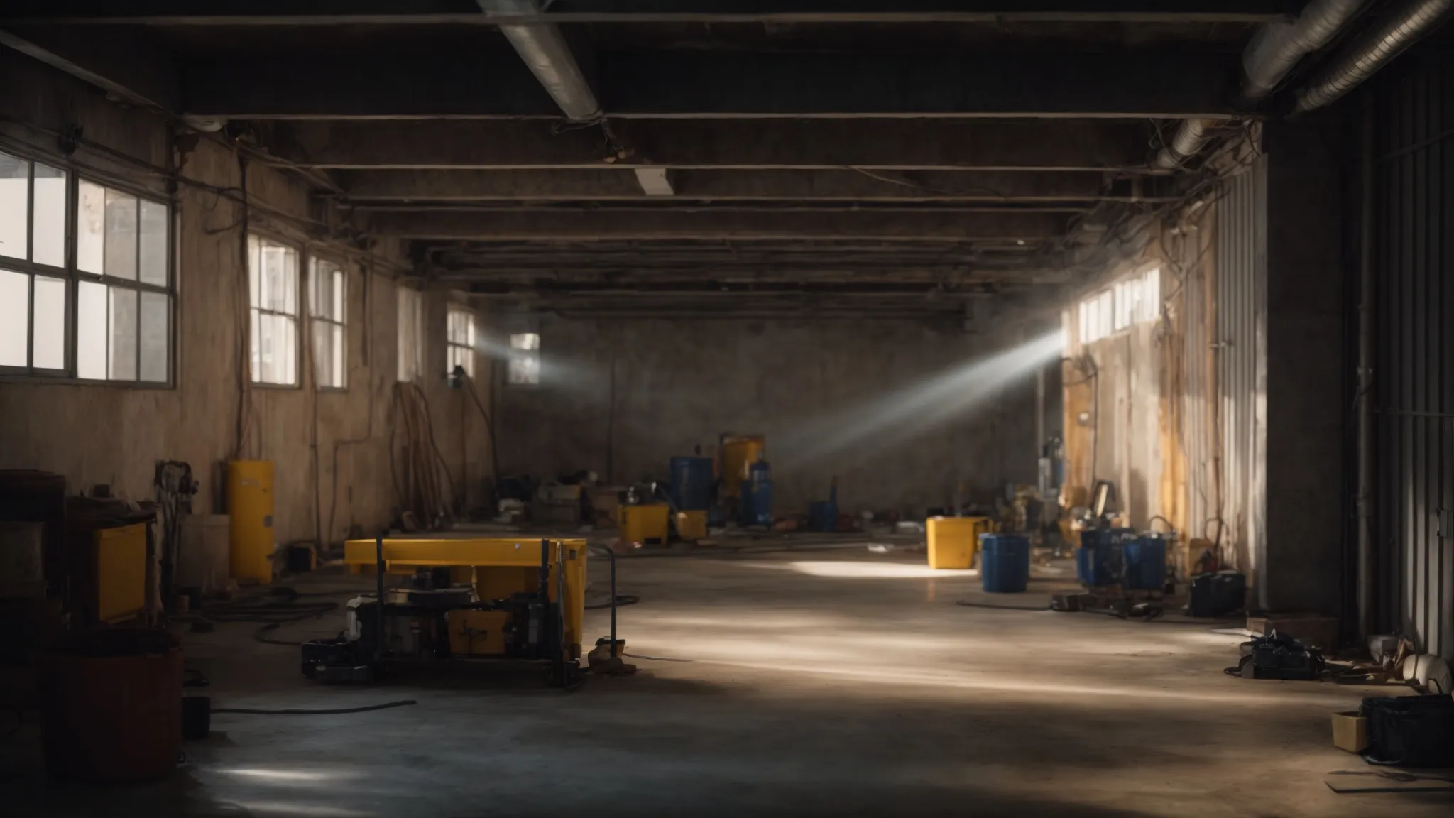 a brightly lit basement space with exposed pipes, concrete floors, and unfinished walls, showcasing the initial stages of a renovation project.