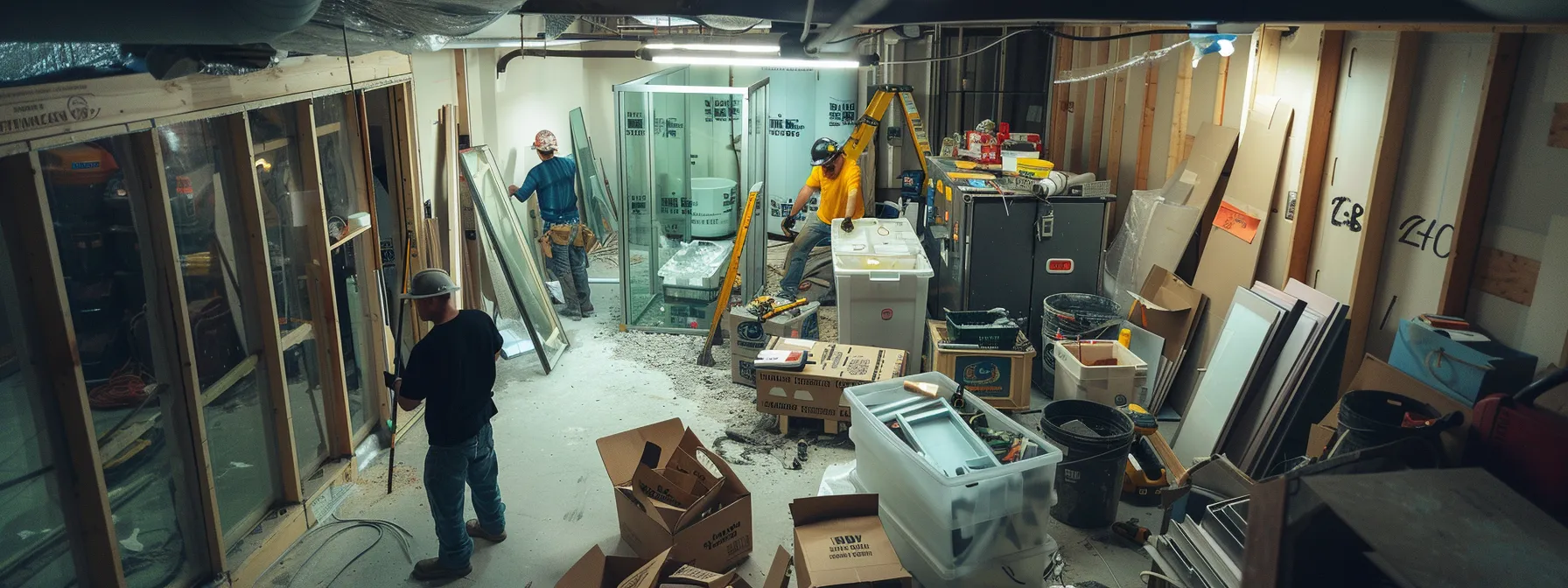 a busy basement renovation site with contractors installing glass panels and checking laundry room specifications, surrounded by tools and materials.