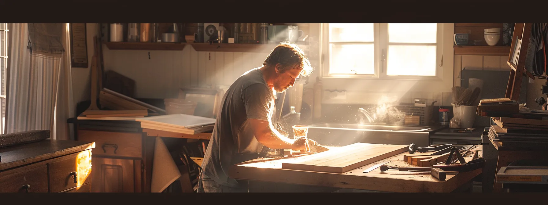 a carpenter carefully measuring and cutting wood for a home renovation project, surrounded by neatly organized tools and materials.