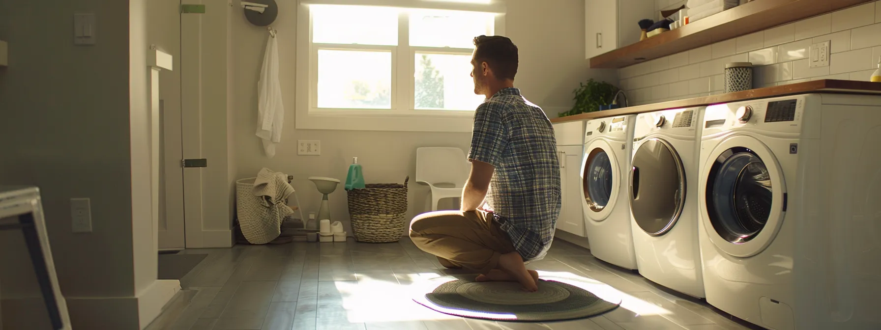 a homeowner carefully compares prices for linoleum flooring and boiler installation in a modern laundry room renovation project.