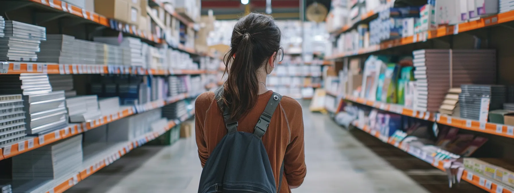 a homeowner carefully comparing prices of affordable materials at a home improvement store.