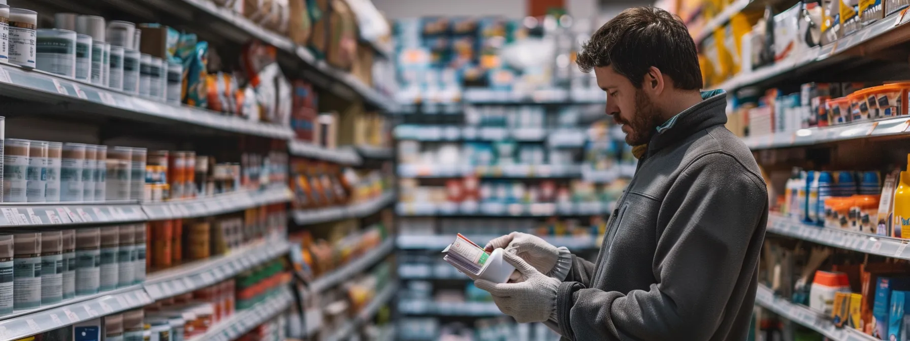 a homeowner carefully comparing prices at a home improvement store, surrounded by shelves of cost-effective materials in various colors and textures.