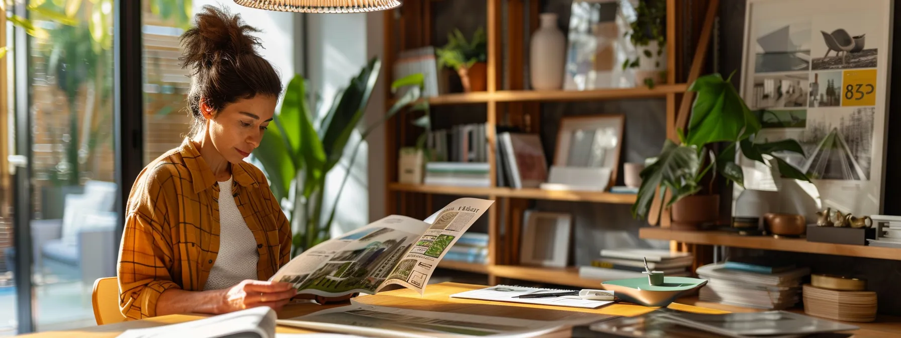 a homeowner carefully reviewing contractor portfolios and quotes in a modern, well-lit office setting, surrounded by design magazines and renovation catalogs.