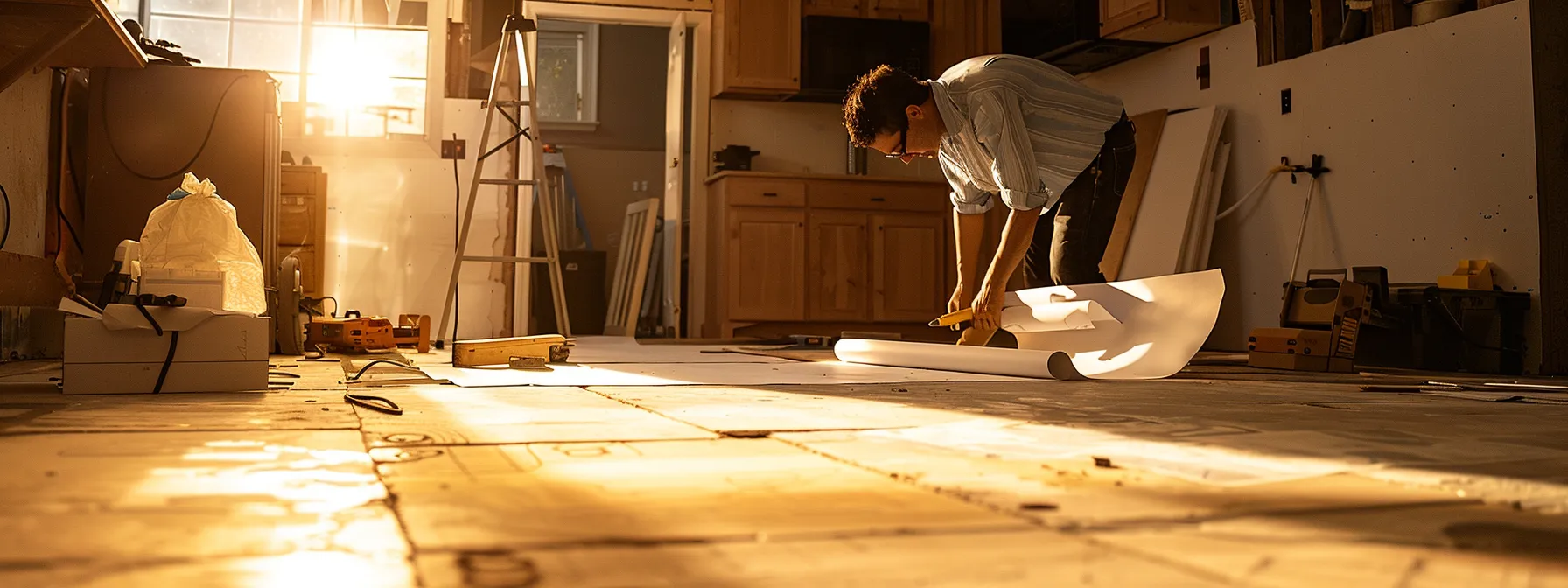 a homeowner examining a spacious and well-lit basement, with blueprints and renovation tools scattered around, showcasing the process of assessing renovation needs.