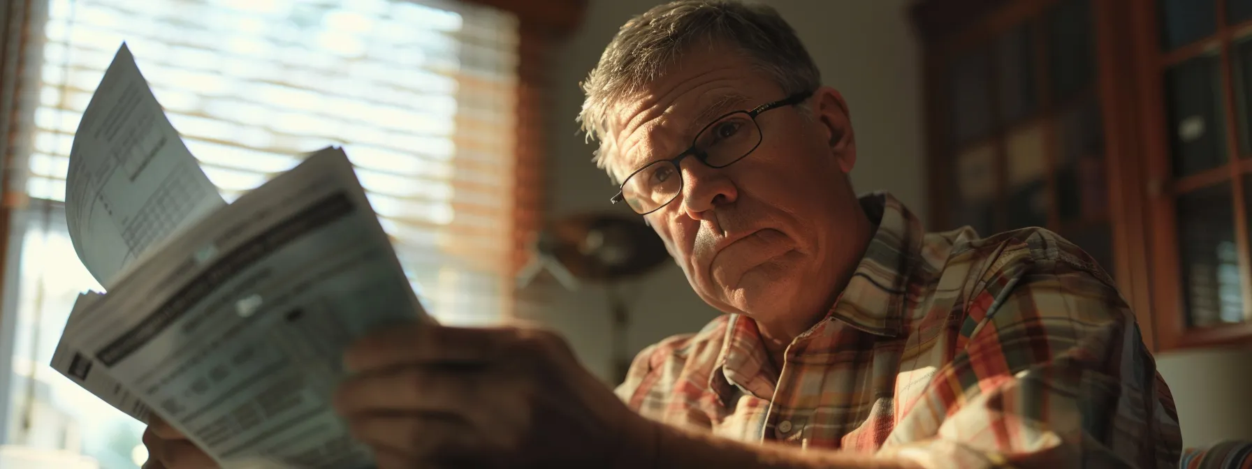 a homeowner looking dismayed while reviewing a stack of unexpected permit and inspection fees during a home renovation project.