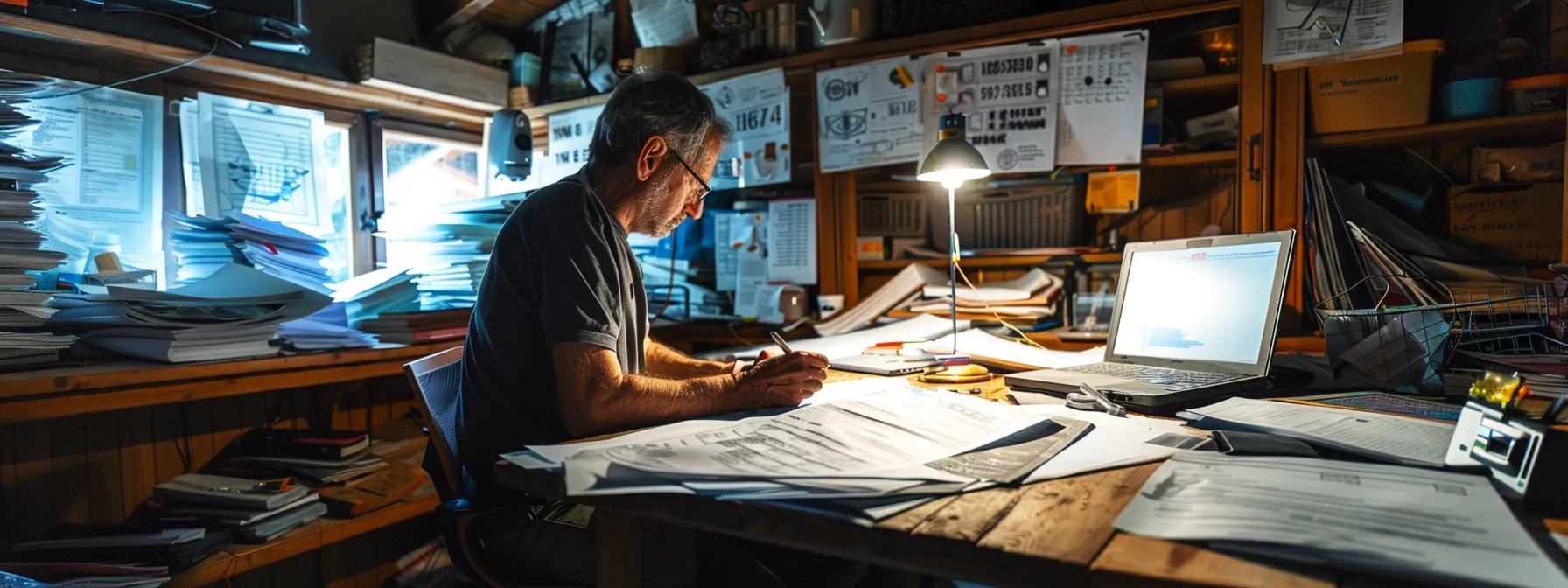 a homeowner reviewing building codes and permits at a cluttered desk, surrounded by paperwork and safety manuals.