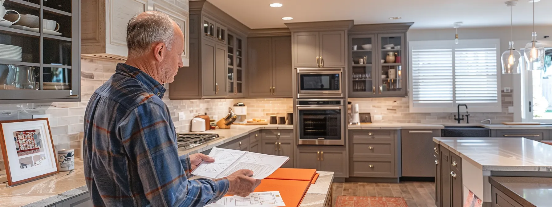 a homeowner reviewing detailed estimates and budget plans for a kitchen renovation project, surrounded by samples of cabinetry choices.