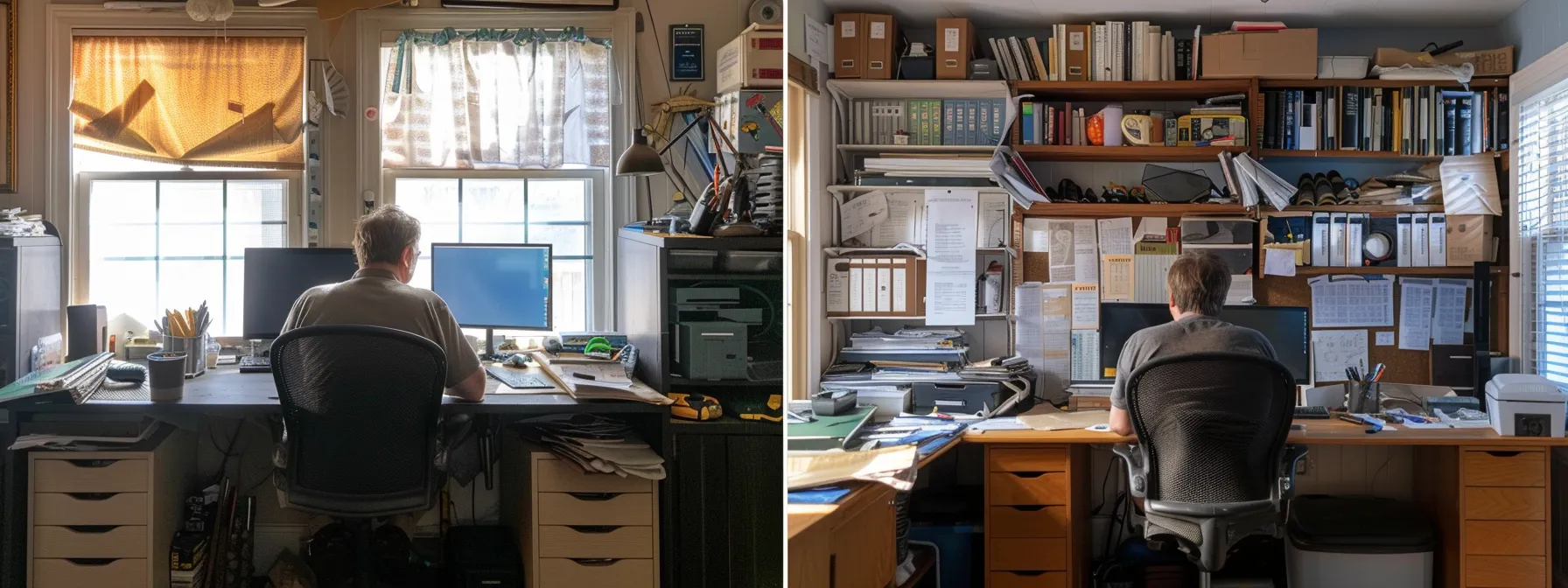 a homeowner scrutinizing contractor profiles and references in a cluttered home office filled with renovation plans and tools.