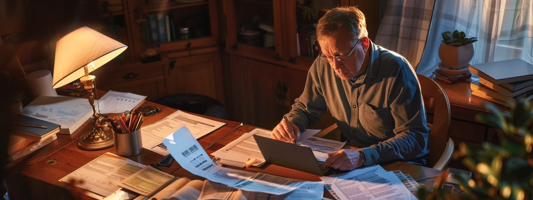 a homeowner sitting at a desk surrounded by financial documents, calculating renovation costs and comparing financing options.