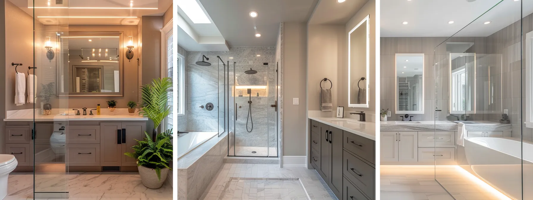 a modern bathroom with a sleek glass shower, marble countertops, and elegant lighting fixtures to illustrate a breakdown of renovation costs.