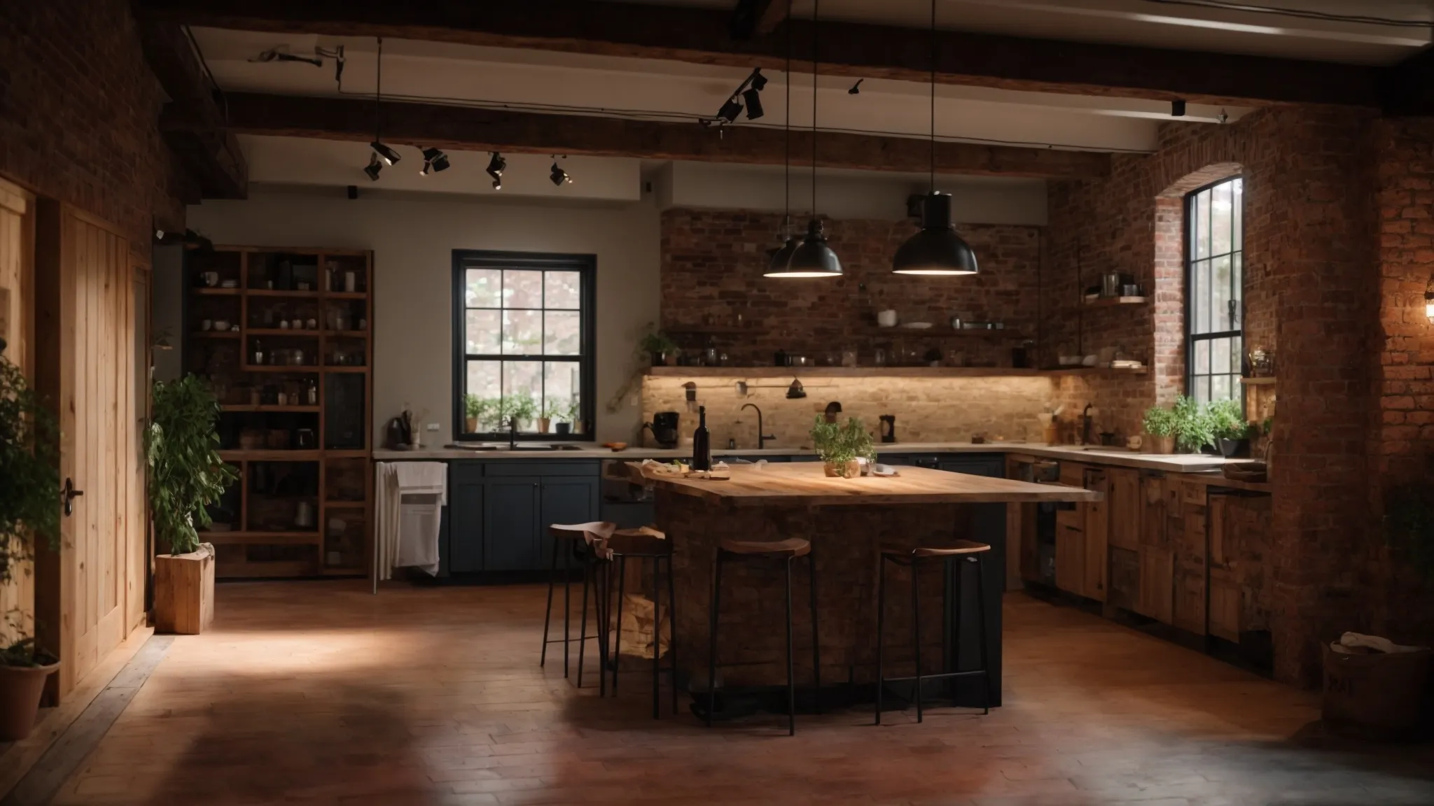 a rustic basement with exposed brick walls, cozy waterproof flooring, and a sleek kitchenette, showcasing the varying costs of renovation options.