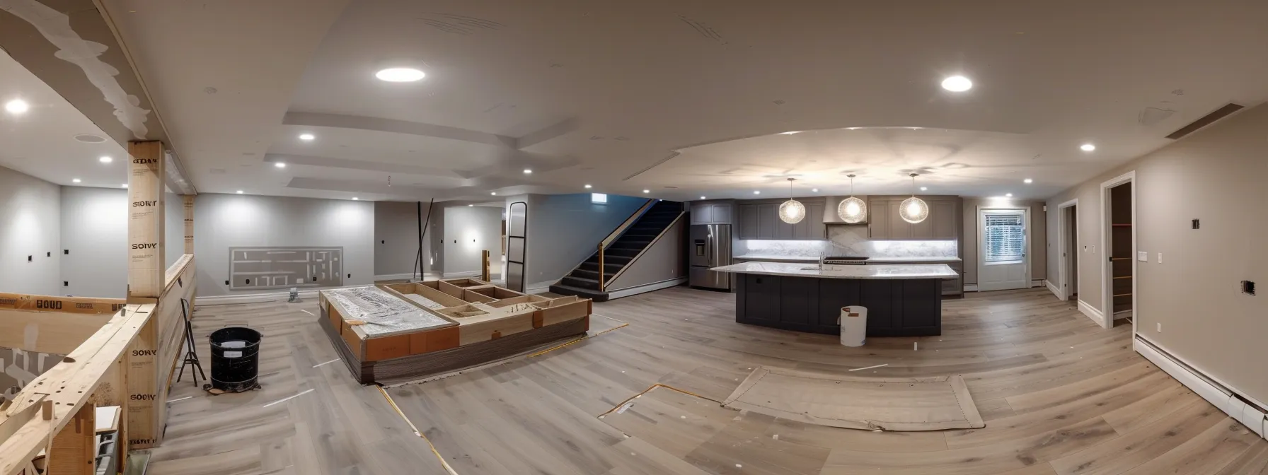 a sleek, modern basement design with elegant lighting fixtures and a functional layout in progress, demonstrating the careful planning and attention to detail in a renovation project.