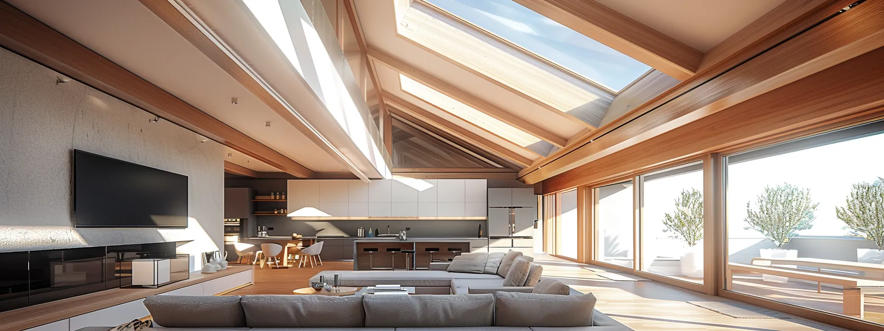 a spacious attic with gleaming quartz and glass fixtures, flooded with natural light from a large skylight, showcasing a harmonious blend of modern design and functionality.