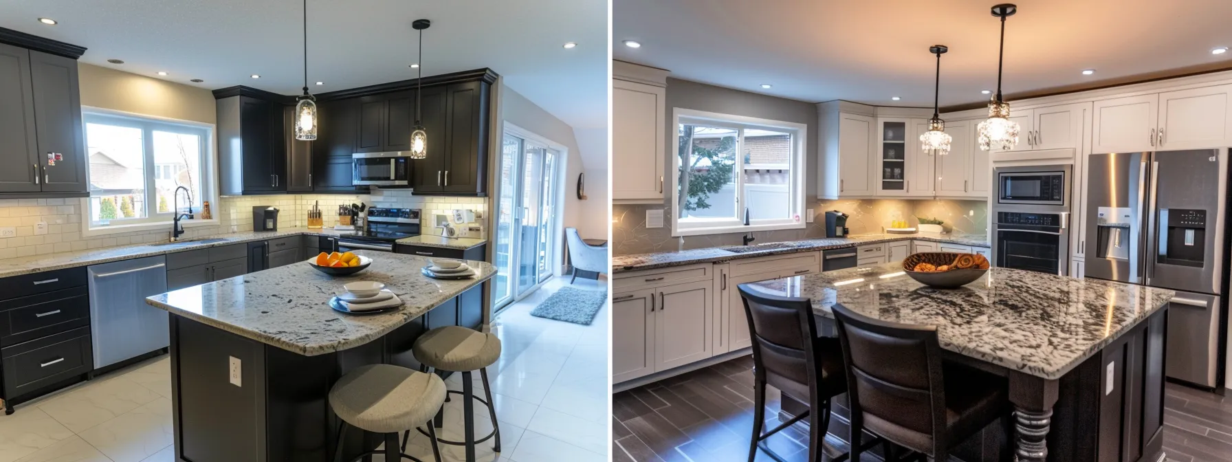 a stylish kitchen renovation with sleek countertops, modern appliances, and chic lighting fixtures.