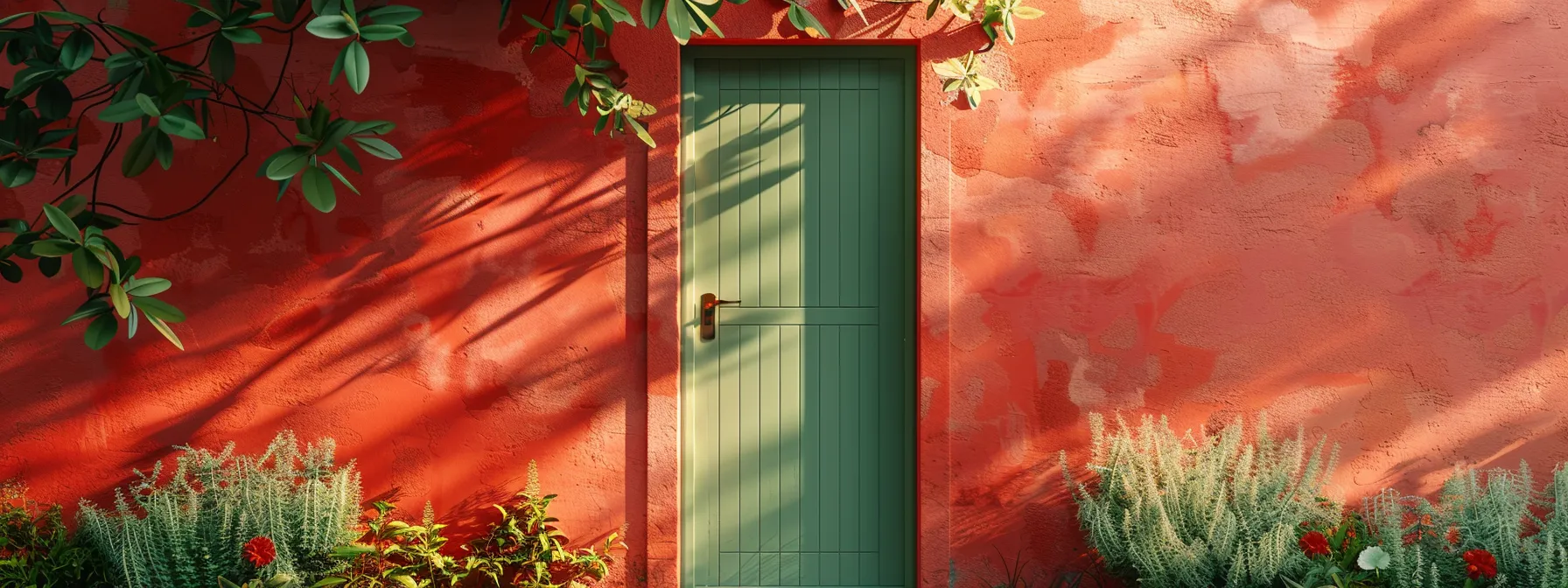 a freshly painted front door in a vibrant color stands out against the backdrop of a beautifully landscaped, low-maintenance garden.