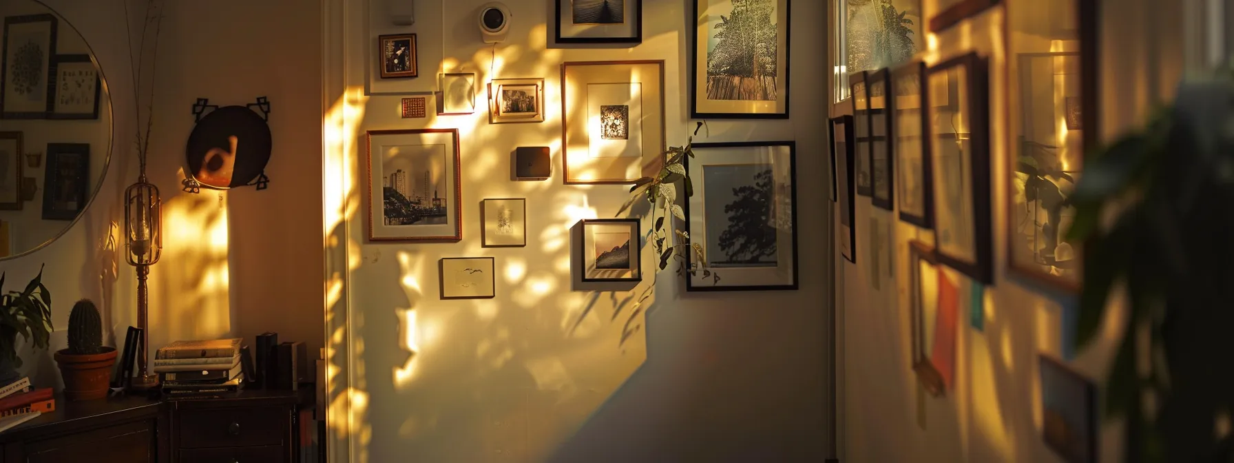 a gallery wall filled with personal photos and mirrors reflecting light, creating a visually stunning and personalized space.