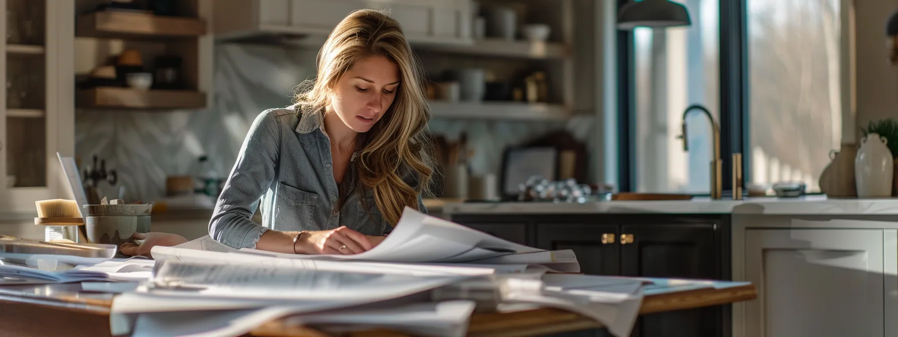 a homeowner carefully examining blueprints with a thoughtful expression, surrounded by samples of kitchen and bathroom materials, highlighting the importance of making an informed decision when choosing a builder for their custom home project.