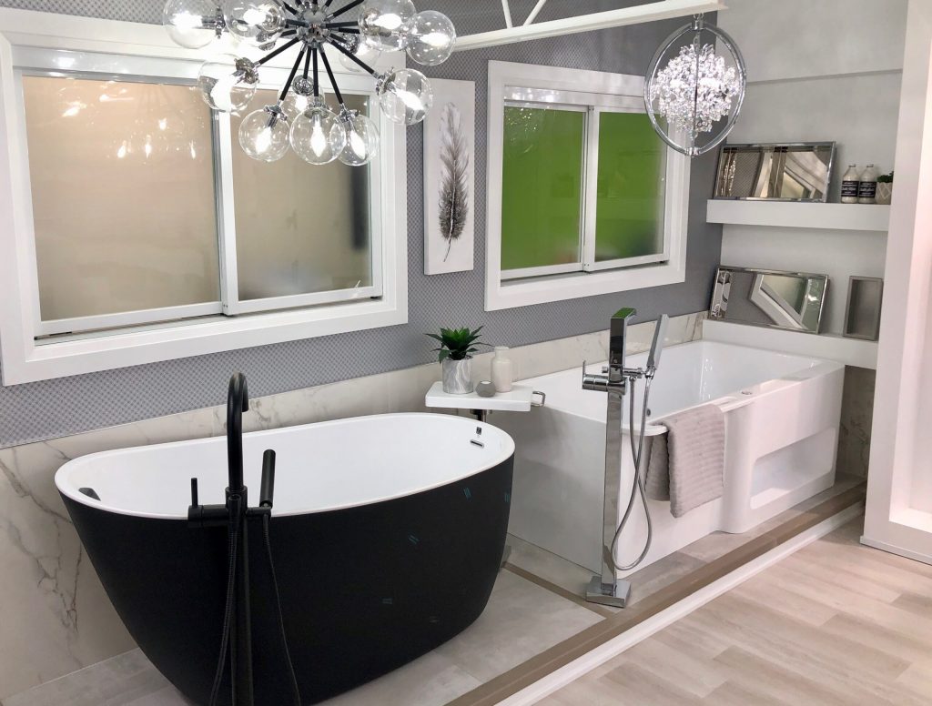 stylish bathroom with modern tub after commercial renovation in toronto.