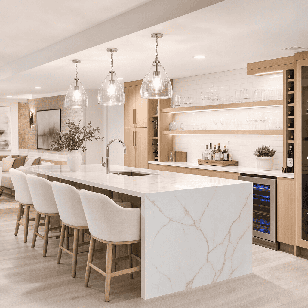 Contemporary kitchen with marble island and pendant lighting by Domilya Group.