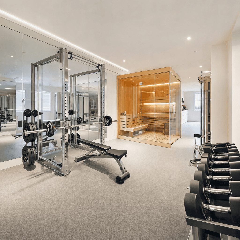 Contemporary gym with weightlifting equipment and sauna by Domilya Group.