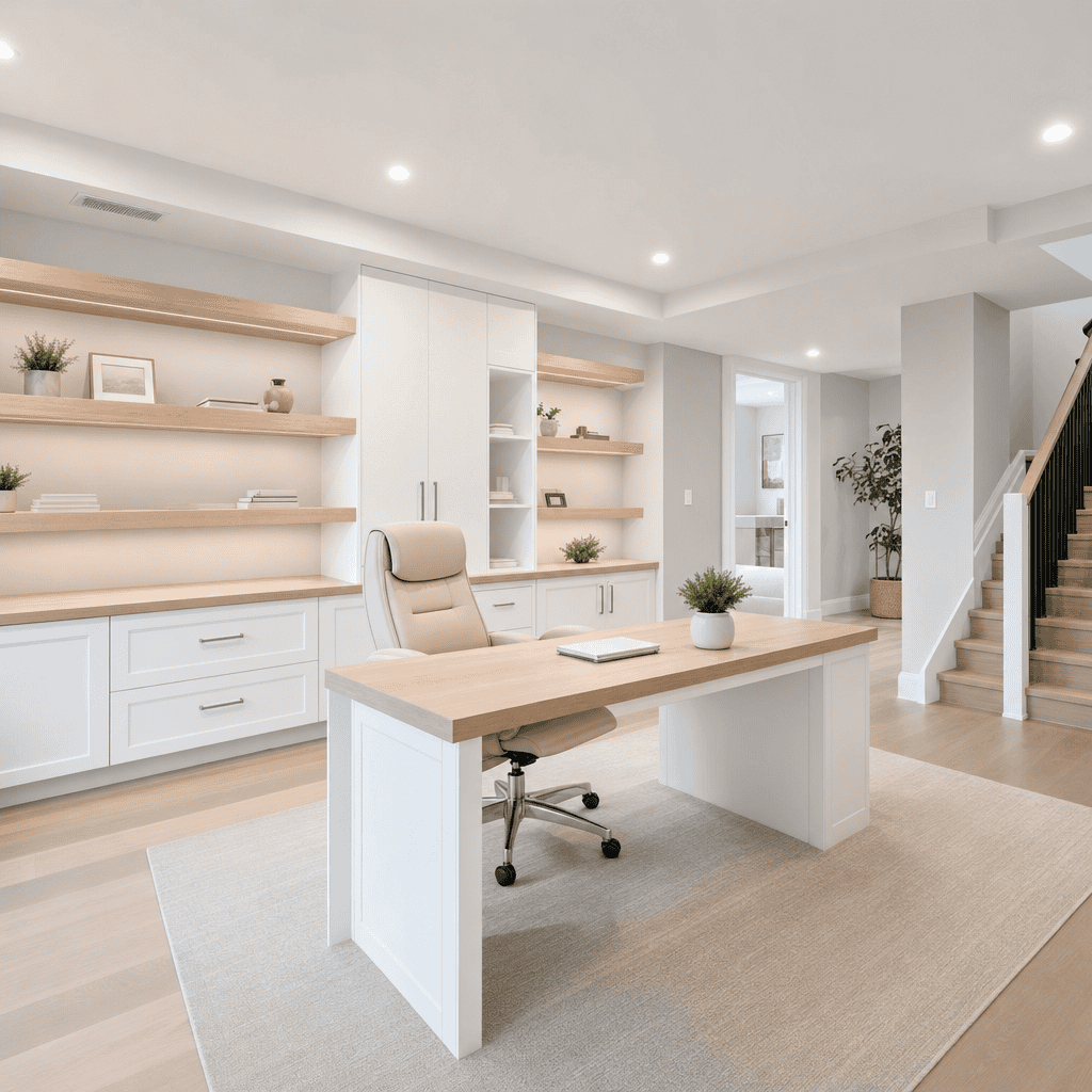 Modern office interior with white cabinetry and wooden shelves by Domilya Group.