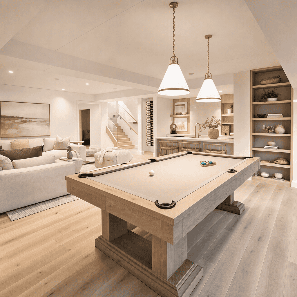 Modern basement with pool table, cozy seating, and stylish decor by Domilya Group.