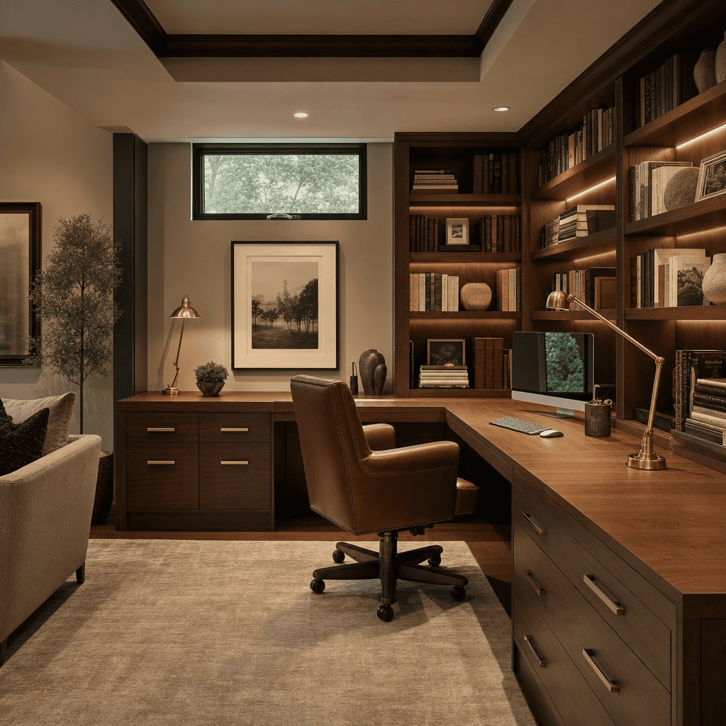 Modern home office with wooden desk and built-in bookshelves.