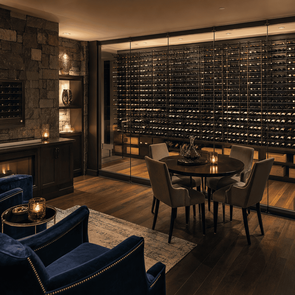 Elegant wine cellar with cozy lounge and dining area for wine tasting.