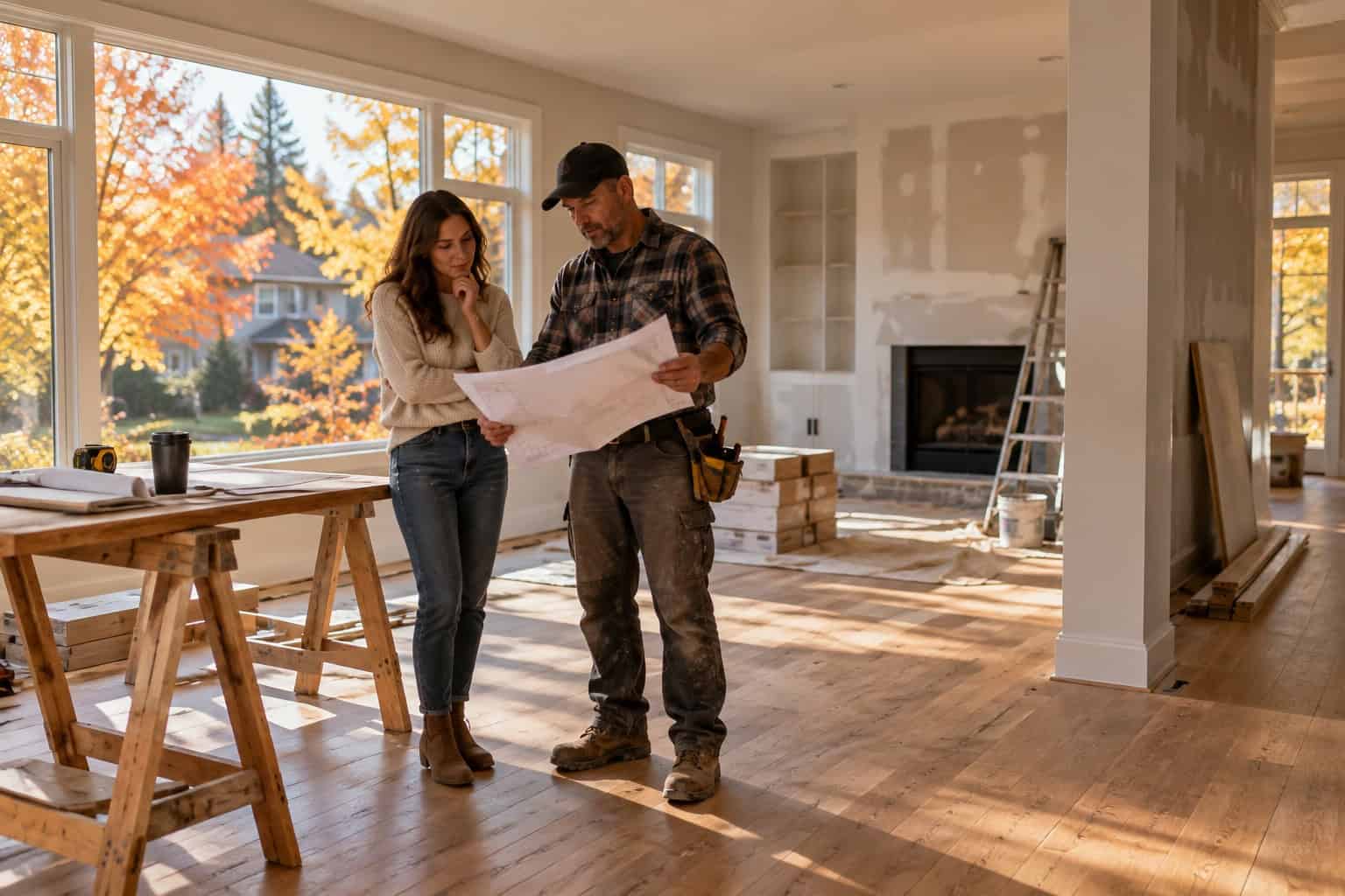 Homeowner and contractor reviewing renovation plans in a house mid-renovation in autumn